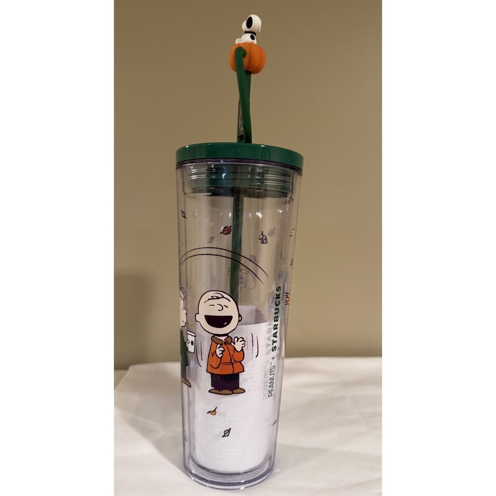🎃 Starbucks Peanuts Snoopy Clear Cup Tumbler Green Lid Straw Pumpkin Topper 🎃